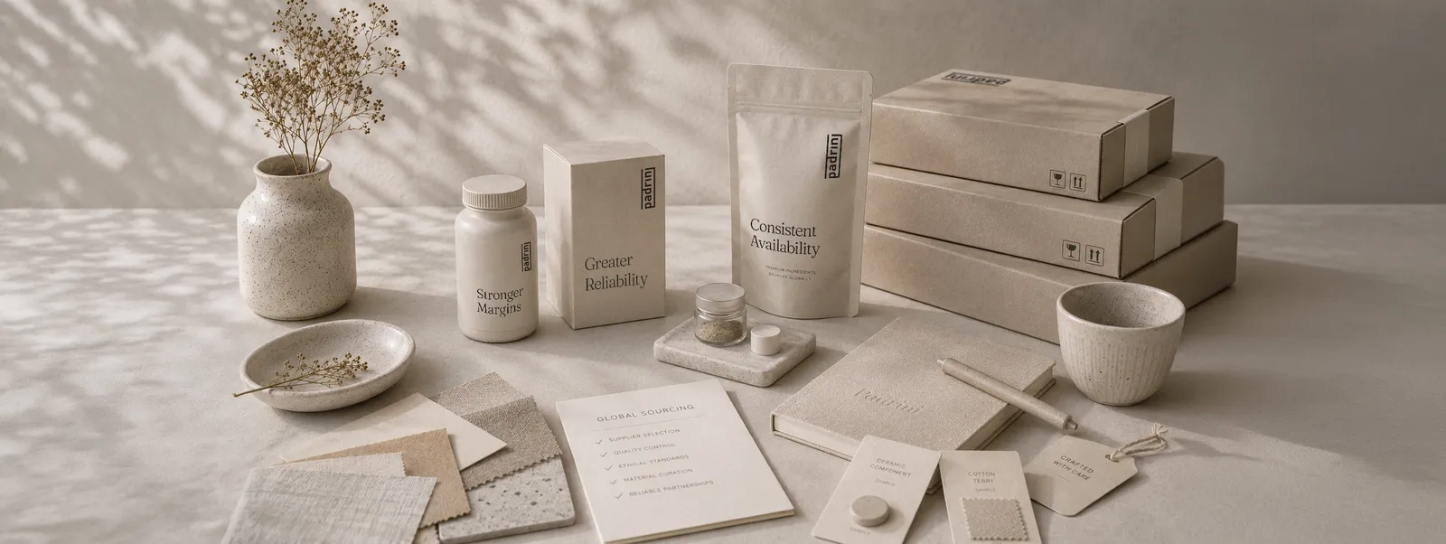Global sourcing — supplier samples, swatch palette and shipping cartons