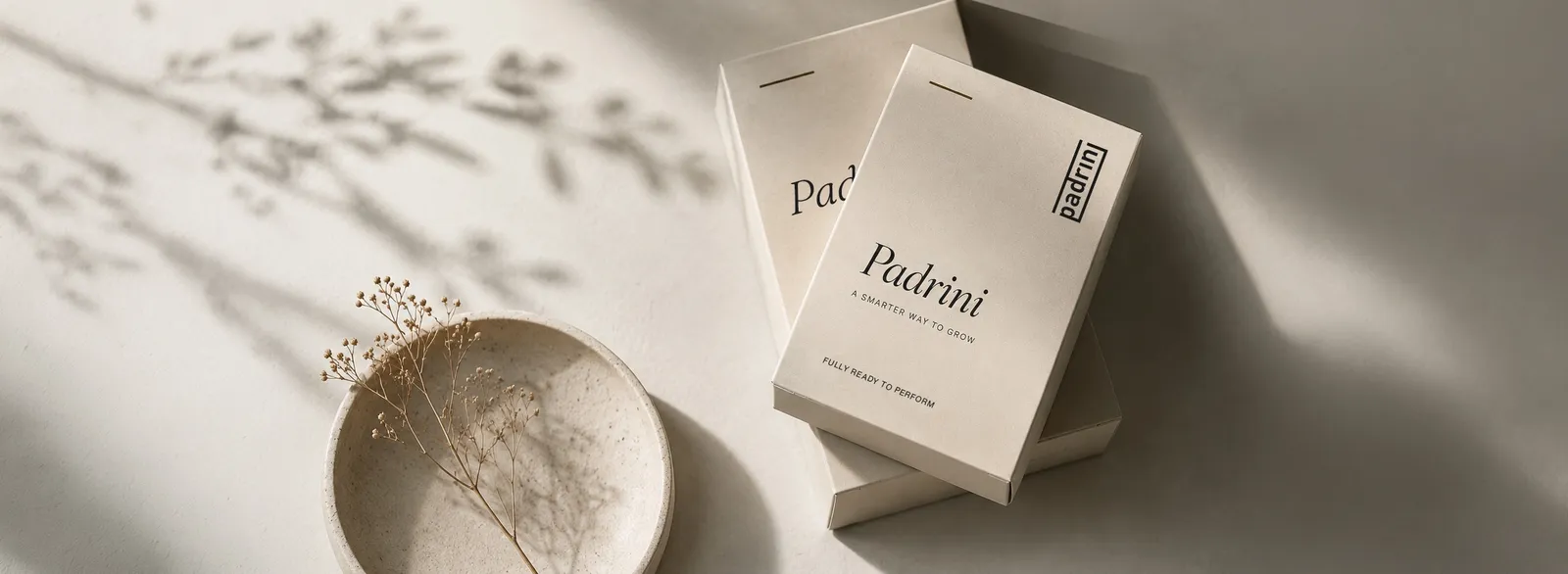 Padrini private label packaging — supplement boxes on a soft daylight surface